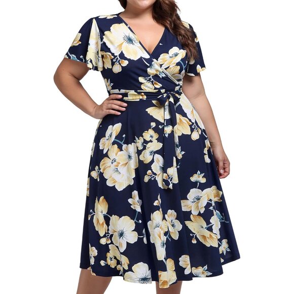 Plus Size Midi Dress Floral V Neck Pockets Sleeves Summer Casual Elegant - Picture 2 of 6